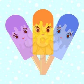 Set of flat colored isolated cartoon ice-cream, drizzled with glaze orange, blue, purple. On wooden sticks. The illustration on abstract blue background.