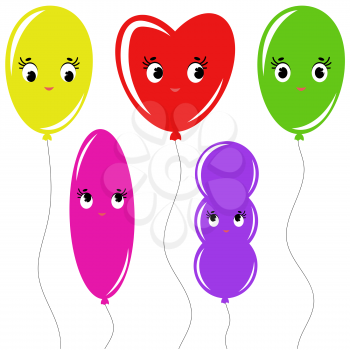 Set of flat colored isolated balloons cartoon on the ropes. Simple drawing on a white background