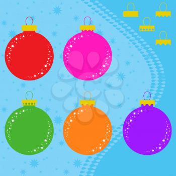 Set of flat colored isolated Christmas balls in the shape of balls. Simple design for decoration. On a blue background.