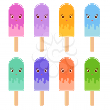 Set of flat colored isolated cartoon ice-cream, drizzled with glaze. On wooden sticks. Appetizing color. On a white background.