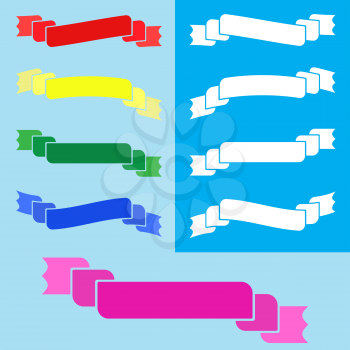 Set of colored flat isolated ribbon banner on blue background