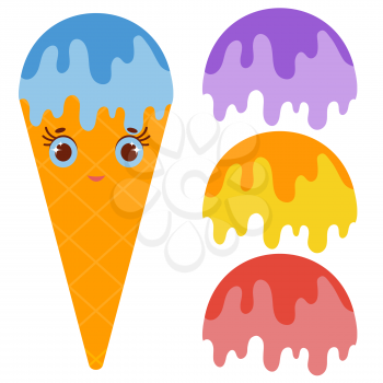 Set ice cream balls of yellow, red, purple, blue. Drizzled with glaze. Orange cartoon waffle cone smiles. Flat colored drawing on a white background.