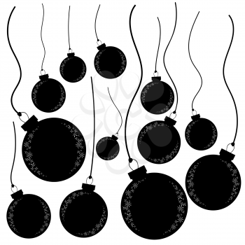 A set of flat black isolated silhouettes of Christmas toys balls on thin ropes. On a white background. Simple design for postcards.