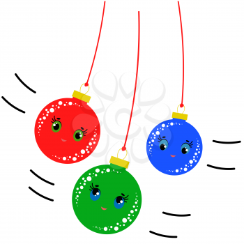 Flat colored set of isolated Christmas toys cartoon balls on thin ropes. Simple bobble figure