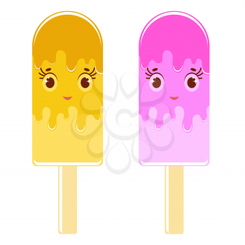 Set of flat colored isolated cartoon ice-cream, drizzled with yellow icing and pink color. On wooden sticks. On a white background.