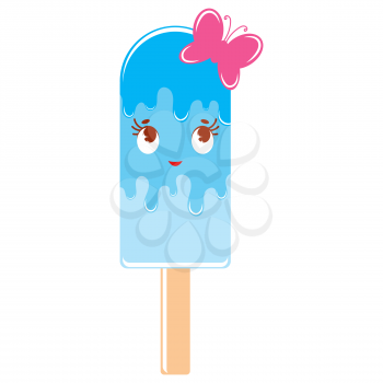 Flat colored isolated striped ice cream sprinkled with glaze of blue color. On a wooden stick. With a little pink butterfly. Simple drawing on a white background.