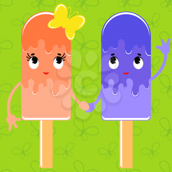 Set of flat colored isolated cartoon kid ice cream sprinkled with glaze orange and blue. On a green background with silhouettes of butterflies