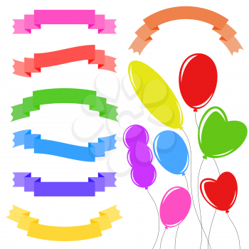 Set of isolated flat colored ribbon banners and flying balloons of various shapes. On a white background. Suitable for design