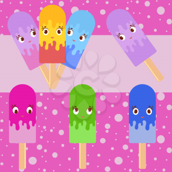 Set of flat colored isolated cartoon ice-cream, drizzled with glaze. On wooden sticks. Appetizing color. On a pink background.