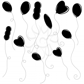 A set of flat black isolated silhouettes of balloons of different shapes on white . Simple flat vector illustration. Suitable for design, advertising, holidays, cards.
