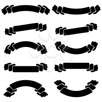 A set of flat black isolated silhouettes of ribbons banners on white background