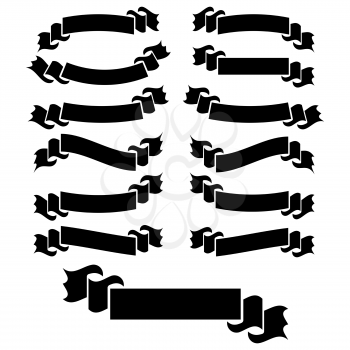 A set of flat black isolated silhouettes of strips of banners on white background
