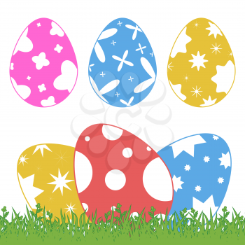 Set of colored isolated Easter eggs on green grass on a white background. With an abstract pattern. Simple flat vector illustration. Suitable for decoration of postcards, advertising, magazines, websites.