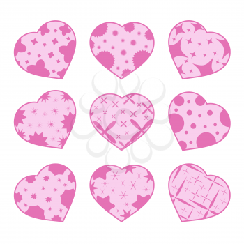 Set of pink hearts isolated on blue green background. With abstract pattern. Simple flat vector illustration. Suitable for greeting card, weddings, holidays, sites.
