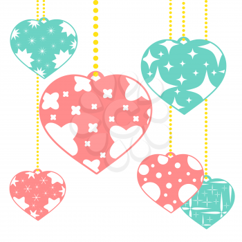 Set of colored isolated pendants in the shape of hearts on a white background. With an abstract pattern. Simple flat vector illustration. Suitable for decoration of postcards, weddings, holidays, sites.