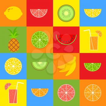 Set of colored isolated apetitic fruits on a background of squares. Juicy, bright, delicious tropical food. Simple flat vector illustration. Suitable for design of packages, postcards, advertising.