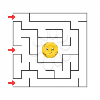 Funny square maze. Game for kids. Puzzle for children. Cartoon style. Labyrinth conundrum. Color vector illustration. Find the right path. The development of logical and spatial thinking.