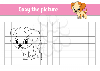 Copy the picture. Coloring book pages for kids. Education developing worksheet. Game for children. Handwriting practice. Funny character. Cute cartoon vector illustration
