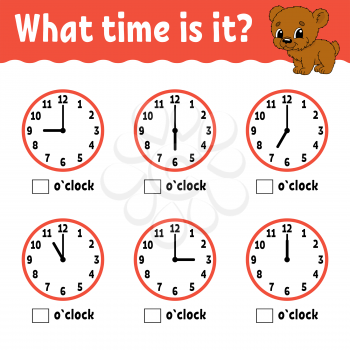 Learning time on the clock. Educational activity worksheet for kids and toddlers. Game for children. Simple flat isolated vector illustration in cute cartoon style.