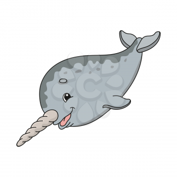 Gray narwhal. Cute flat vector illustration in childish cartoon style. Funny character. Isolated on white background