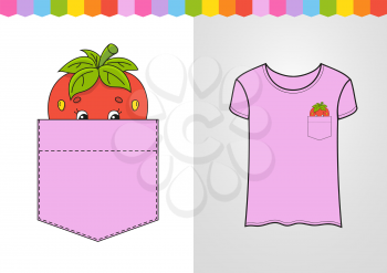 Strawberry in shirt pocket. Cute character. Colorful vector illustration. Cartoon style. Isolated on white background. Design element. Template for your shirts, books, stickers, cards, posters.