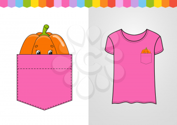 Pumpkin in shirt pocket. Cute character. Colorful vector illustration. Cartoon style. Isolated on white background. Design element. Template for your shirts, books, stickers, cards, posters.