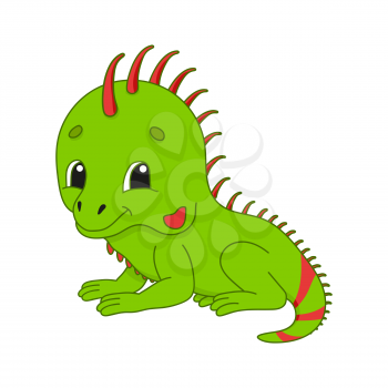 Green iguana. Cute character. Colorful vector illustration. Cartoon style. Isolated on white background. Design element. Template for your design, books, stickers, cards, posters, clothes.