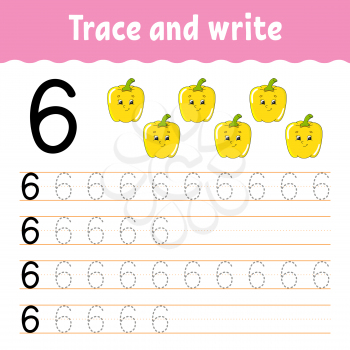 Trace and write. Handwriting practice. Learning numbers for kids. Education developing worksheet. Activity page. Game for toddlers and preschoolers. Isolated vector illustration in cute cartoon style.