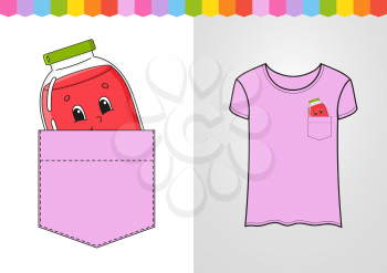 Jar of jam in shirt pocket. Cute character. Colorful vector illustration. Cartoon style. Isolated on white background. Design element. Template for your shirts, books, stickers, cards, posters.