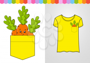 Orange carrot in shirt pocket. Cute character. Colorful vector illustration. Cartoon style. Isolated on white background. Design element. Template for your shirts, books, stickers, cards, posters.