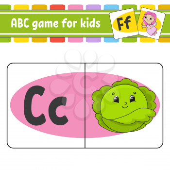 ABC flash cards. Alphabet for kids. Learning letters. Education developing worksheet. Activity page for study English. Game for children. Funny character. Isolated vector illustration. Cartoon style.