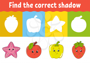 Find the correct shadow. Education developing worksheet. Matching game for kids. Activity page. Puzzle for children. Riddle for preschool. Cute character. Isolated vector illustration. Cartoon style