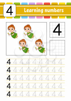 Trace and write. Handwriting practice. Learning numbers for kids. Education developing worksheet. Activity page. Game for toddlers and preschoolers. Isolated vector illustration in cute cartoon style