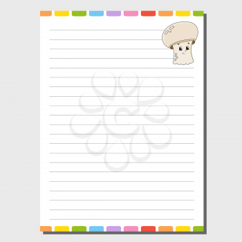 Sheet template for notebook, notepad, diary. Funny character. Isolated vector illustration. Cartoon style