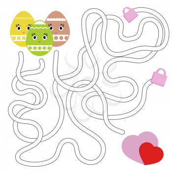 Color abstract labyrinth. Kids worksheets. Activity page. Game puzzle for children. Cute egg toon, the way to the heart, holiday, Easter. Maze conundrum. Vector illustration