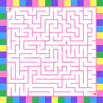 Abstract colored complex square isolated labyrinth. Pink on a white background. An interesting game for children. With an unusual frame. Simple flat vector illustration.
