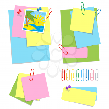 A set of colored sheets of different sizes and office clips. Lovely cartoon style. Simple flat vector illustration isolated on white background.
