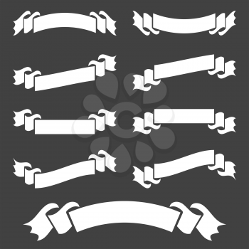 Set of white isolated banner ribbons on black background. Simple flat vector illustration. With space for text. Suitable for infographics, design, advertising, holidays, labels.
