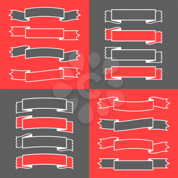 Set of colored isolated banner ribbons on black and red background. Simple flat vector illustration. With space for text. Suitable for infographics, design, advertising, holidays, labels.