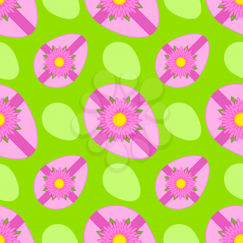 Colorful seamless pattern of sweet Easter eggs tied with ribbon on green background. Simple flat vector illustration. For the design of paper wallpapers, fabric, wrapping paper, covers, web site design.