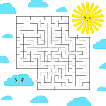 Abstract simple square isolated labyrinth. Black color on a white background. An interesting game for children. Find the way from the cartoon of the sun to the cute cloud. Simple flat vector illustration.