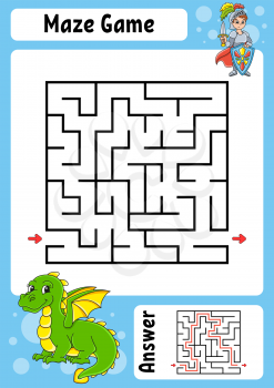 Square maze. Game for kids. Funny labyrinth. Education developing worksheet. Activity page. Puzzle for children. Cartoon style. Riddle for preschool. Logical conundrum. Color vector illustration.
