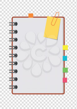 Half a color open notepad on the spring with clean sheets and bookmarks between the pages. A simple flat vector illustration isolated on a transparent background.