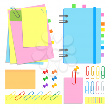 A set of chancery. Closed notebook on a spiral, sticky sheets of different shapes and colors, bookmarks, pins, clips, staples. Vector illustration isolated on white background.