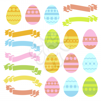 Set of colored isolated Easter eggs and ribbon banners on white background. With an abstract pattern. Simple flat vector illustration. Suitable for decoration of postcards, advertising, magazines, websites.