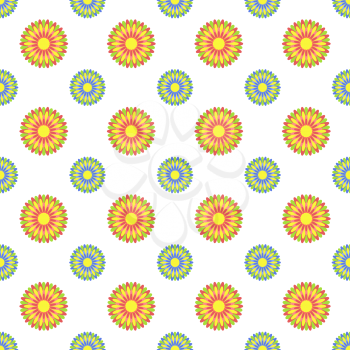 Colorful seamless pattern of abstract flowers on a white background. Simple flat vector illustration. For the design of paper wallpaper, fabric, wrapping paper, covers, web sites.