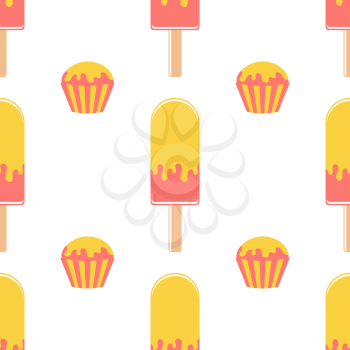 Colorful seamless pattern of appetizing popsicles and capkakes on a white background. Simple flat vector illustration. For the design of paper wallpaper, fabric, wrapping paper, covers, web sites.