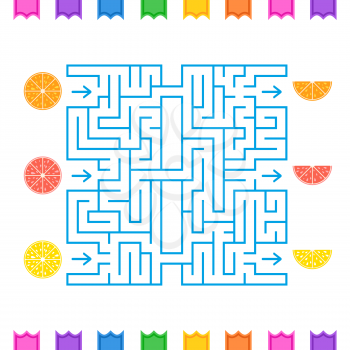 Abstract colored square maze with tropical fruits. An interesting game for children and teenagers. Simple flat vector illustration isolated on white background.