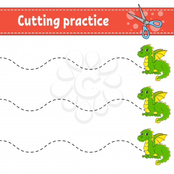 Cutting practice for kids. Fairytale theme. Education developing worksheet. Activity page. Color game for children. Isolated vector illustration. Cartoon character.