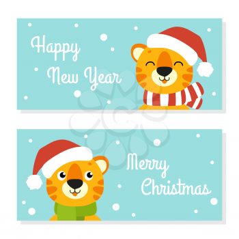 Gift color greeting card. Tiger simbol in a santa hat. Cute cartoon character. Happy New Year and Merry Christmas. Flat style. Vector illustration.